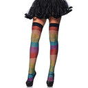 Shop Leg Avenue's vibrant rainbow thigh highs featuring a stylish fishnet overlay. Perfect for parties, costumes, and adding flair to any outfit. Keywords: rainbow thigh highs, fishnet overlay, women's hosiery