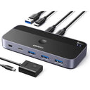 Easily share 4 devices with UGREEN USB Switch featuring A & C inputs. Ideal for PC, laptop, keyboard, mouse, and more. Includes remote and 2 USB-C cables.